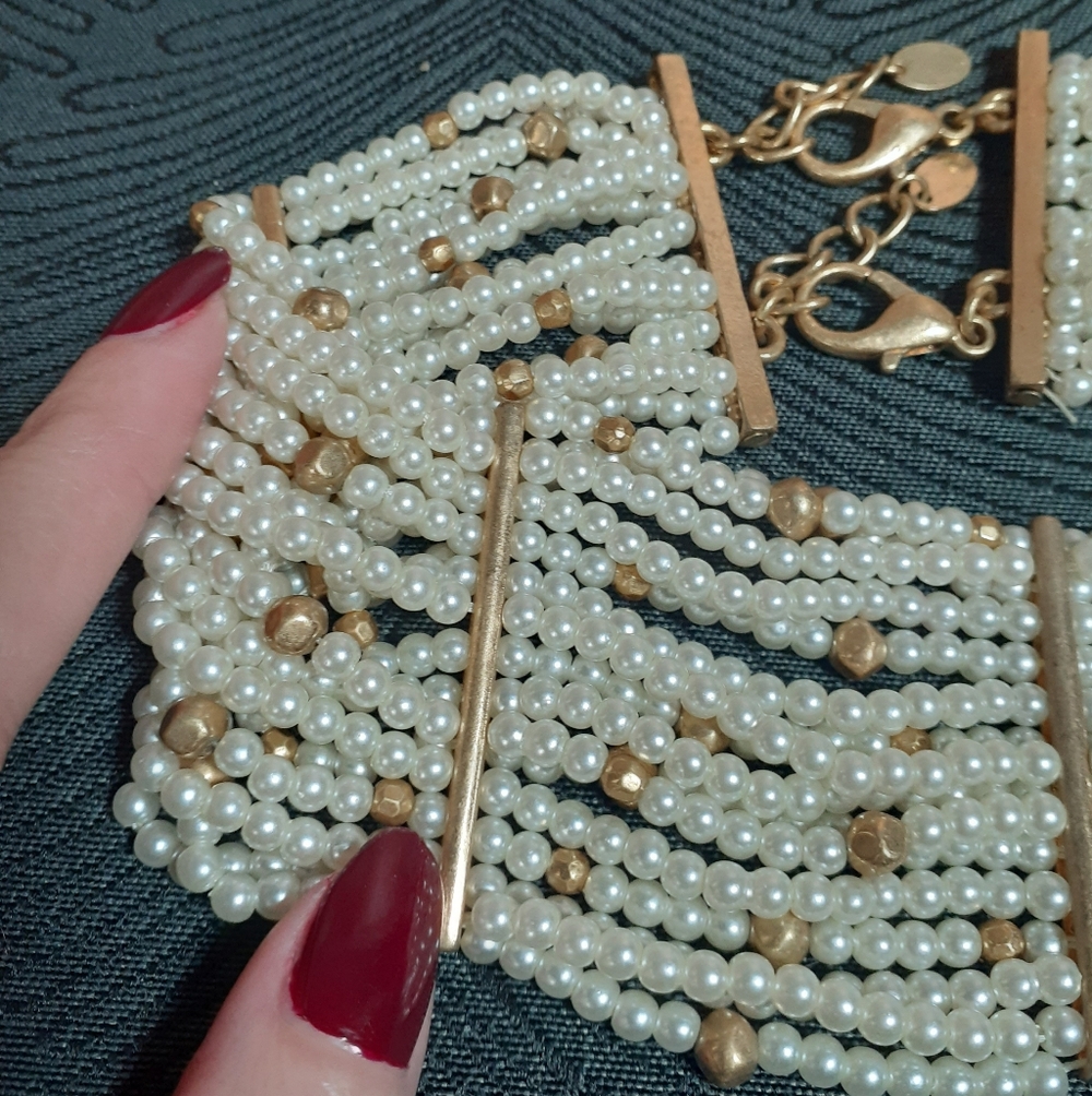 Zara Cream Pearl Multi-Row Choker with Gold Accents - Picture 9 of 14